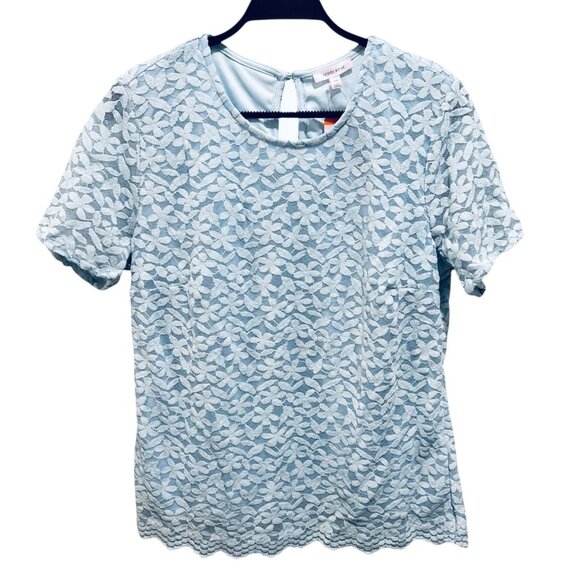 Teddi Rose Womens Size XXL Blue Lace Floral Stretch Short Sleeve Lined Top NWT - Picture 1 of 7